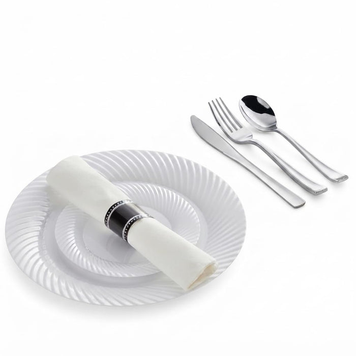 Glownary Silver White Wave Plastic Dinnerware Set, 144 Settings with Plates, Pre-Rolled Cutlery, Classic Rolled Flatware, Disposable, for Weddings and Events