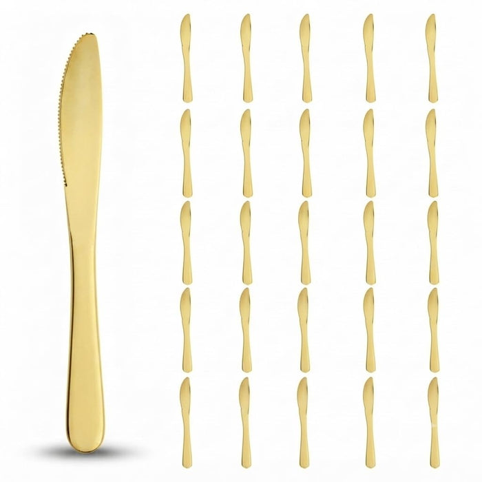 Glownary Classic Gold Plastic Knives, Heavy Weight, 7 3/4 Inches, Disposable Metallic Flatware for Weddings and Parties, 25 Pack