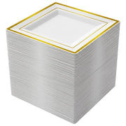 Glownary Halo Square White Plastic Plates with Gold Bands, 6 Inch, BPA Free, Disposable, 120 Count, for Events and Weddings