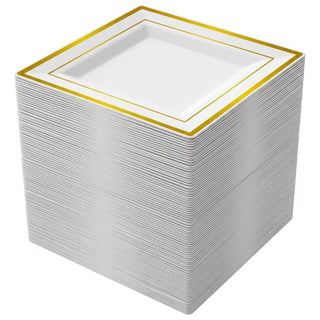 Glownary Halo Square White Plastic Plates with Gold Bands, 6 Inch, BPA Free, Disposable, 120 Count, for Events and Weddings