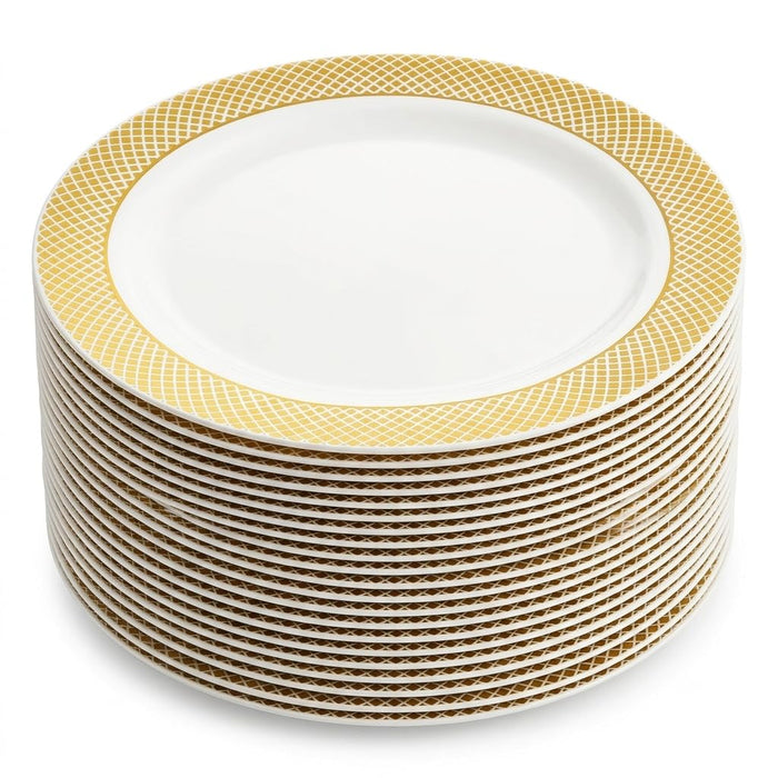 Glownary Lattice Plastic Dinner Plates, 10 Inch, Ivory with Gold Pattern, Round, BPA Free, 120 Count, for Wedding and Events