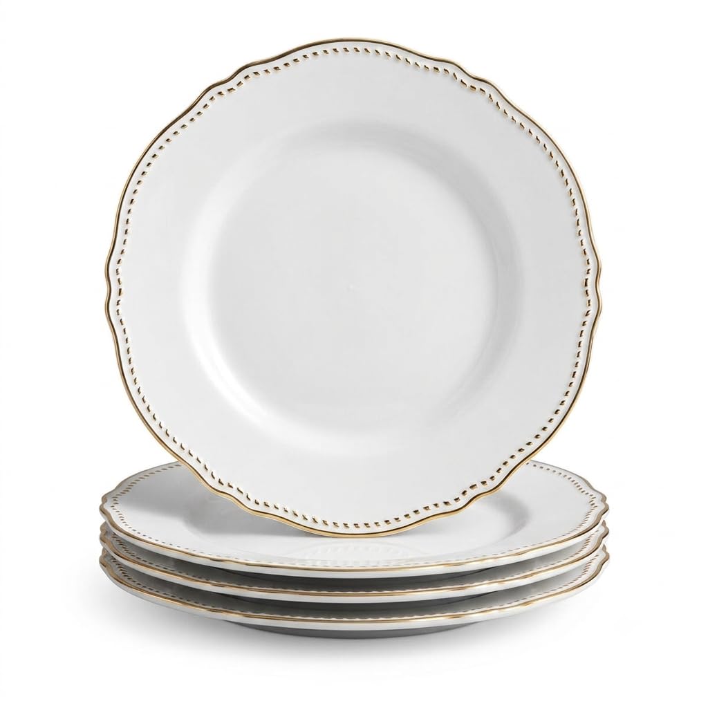 Glownary Heirloom White Round Plastic Plates, 9 Inch, Gold Vintage Rim, BPA Free, Wedding and Event Use, 120 Count