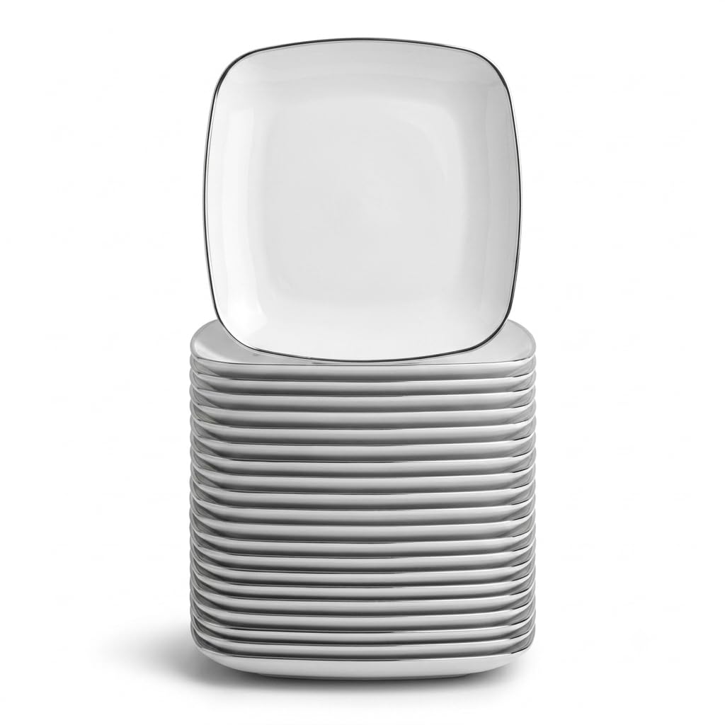 Glownary Coupe Dynasty Square Plastic Plates, 6 Inch, White with Silver Band, BPA Free, Disposable, 120 Count, for Events and Weddings