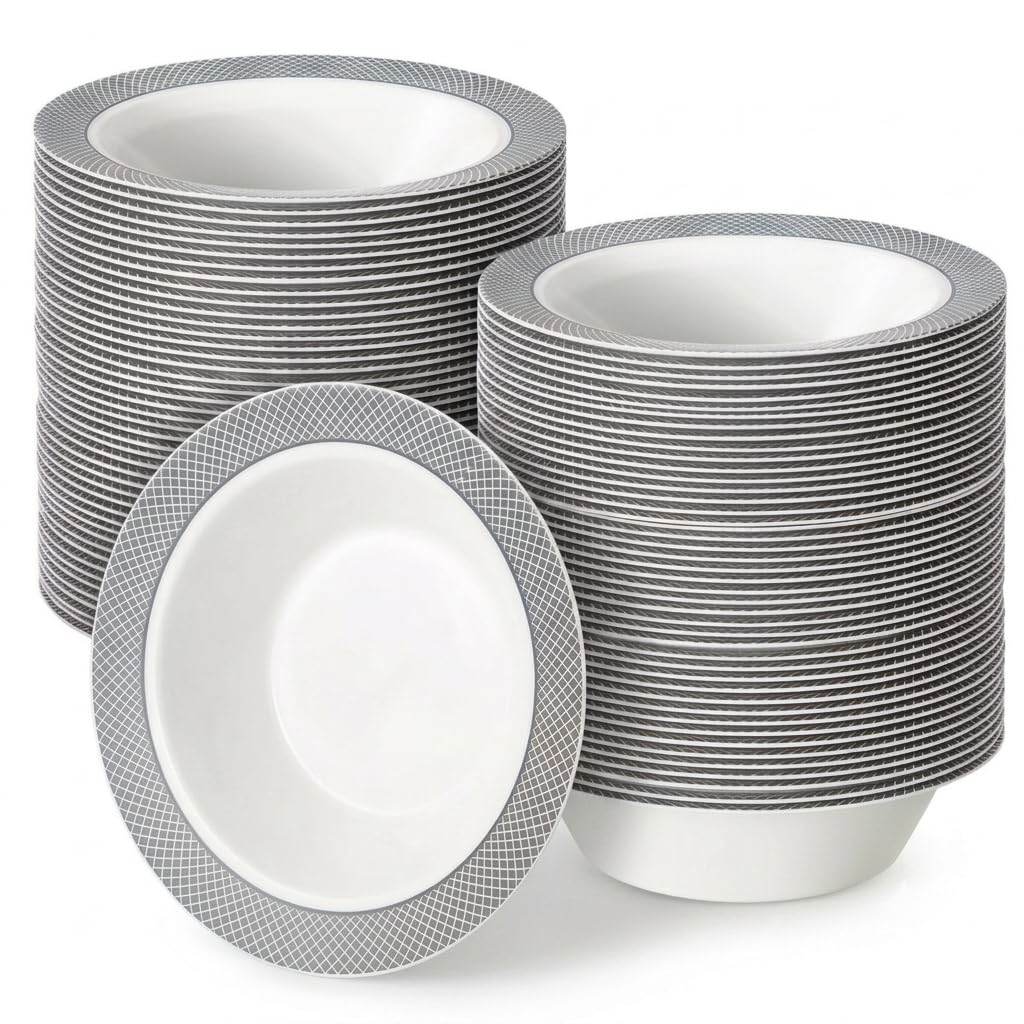Glownary Lattice White Bowl with Silver Pattern, 12 oz, Polystyrene, Round, Disposable, BPA Free, 150 Count