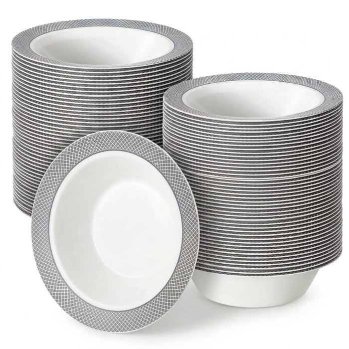 Glownary Lattice White Bowl with Silver Pattern, 12 oz, Polystyrene, Round, Disposable, BPA Free, 150 Count