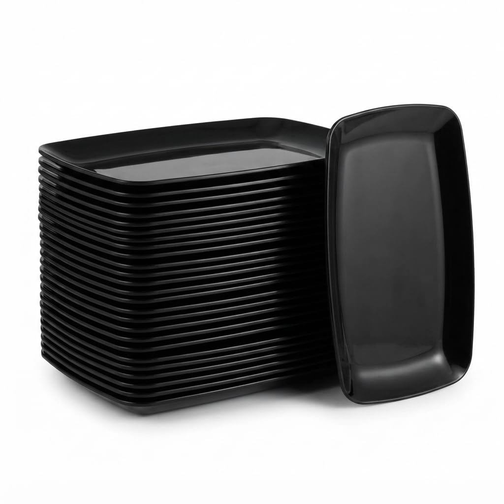 Glownary Black Rectangular Plastic Coupe Platter, 12.75 x 8.25 Inches, BPA Free, Disposable, 120 Count Case
