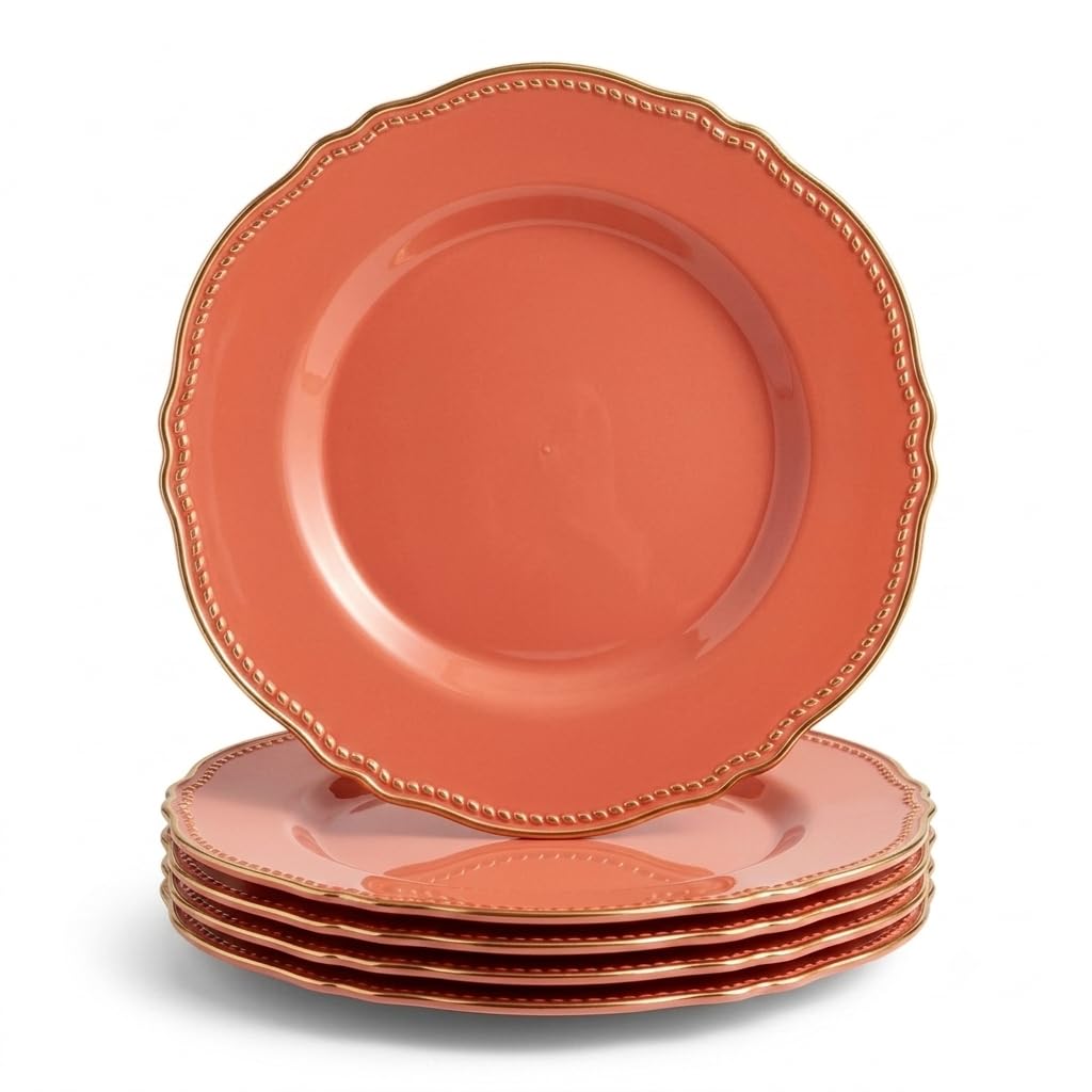 Glownary Heirloom Terra Cotta Round Plastic Plates, 10 Inch, Gold Vintage Rim, BPA Free, for Events and Weddings, 120 Count