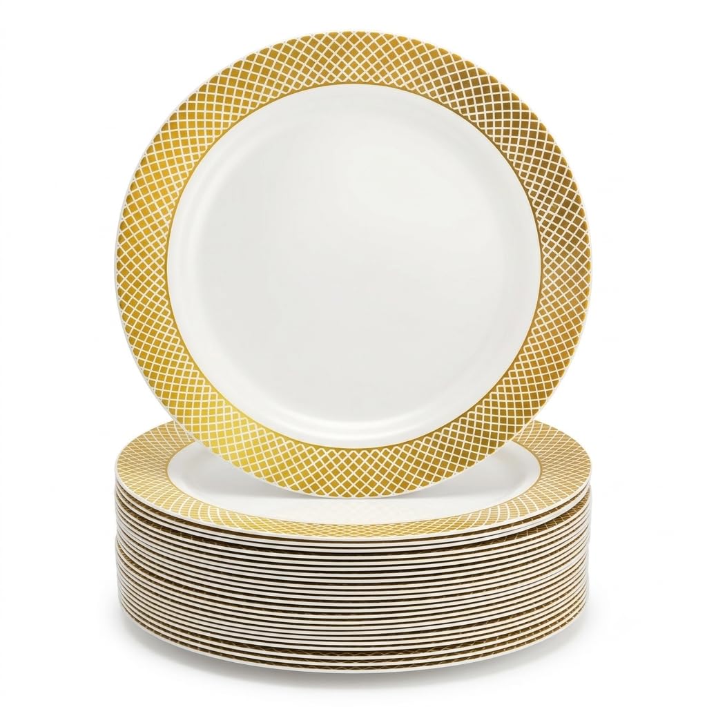 Glownary Lattice 6 Inch Plastic Plates, Ivory with Gold Design, Round Disposable Plates for Events and Weddings, BPA Free, 150 Count