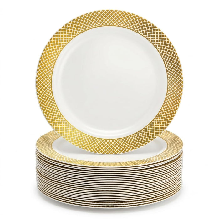 Glownary Lattice 6 Inch Plastic Plates, Ivory with Gold Design, Round Disposable Plates for Events and Weddings, BPA Free, 150 Count