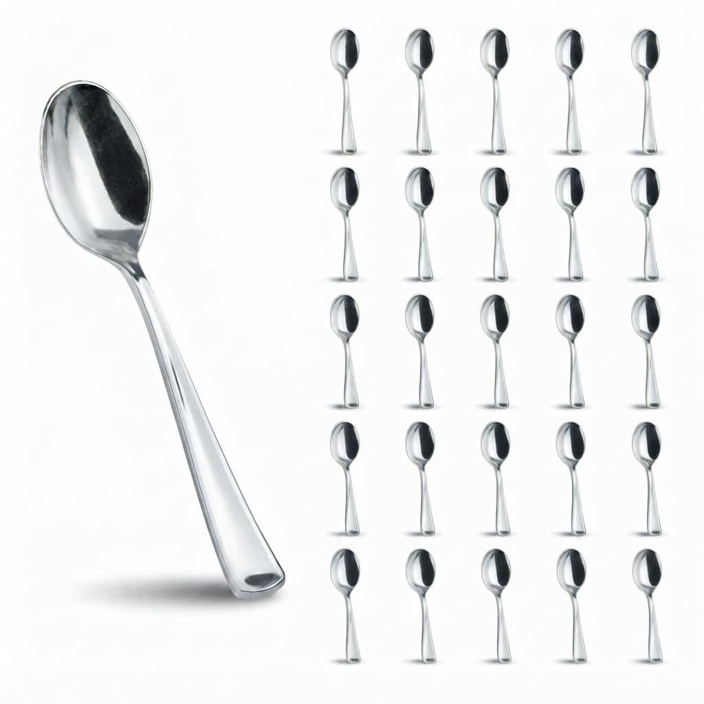 Glownary Classic Heavy Weight Plastic Spoons, Silver, 6 3/4 Inches, 50 Pack, Disposable Metallic Teaspoons for Parties, Weddings, Catered Events