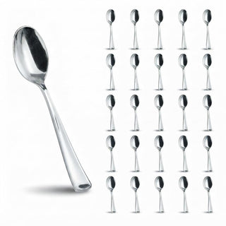 Glownary Classic Heavy Weight Plastic Spoons, Silver, 6 3/4 Inches, 50 Pack, Disposable Metallic Teaspoons for Parties, Weddings, Catered Events