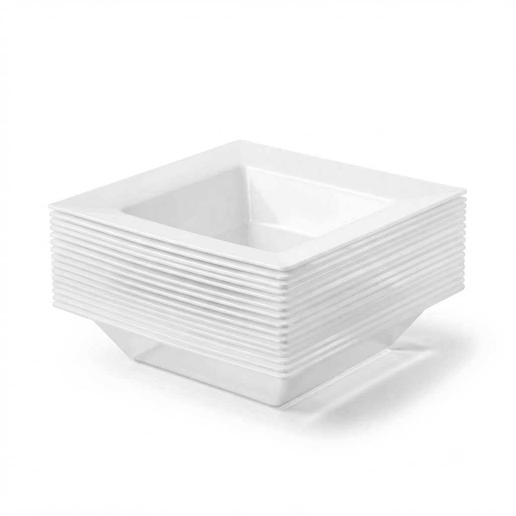 Glownary Square White Plastic Bowl, 12 oz Capacity, BPA Free, Wide Rim, 8.25 x 8.25 Inch Top, Polystyrene, 120/Case