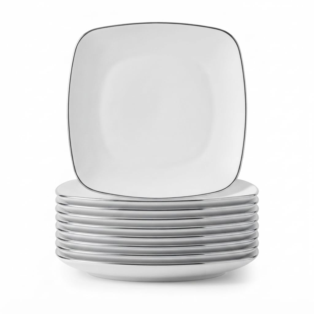 Glownary Coupe Dynasty Square Plastic Plates, White with Silver Band, 10 Inch, BPA Free, Disposable, 120 Count, for Events and Weddings