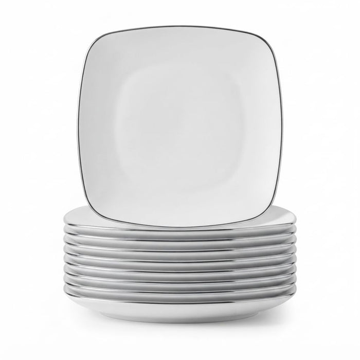 Glownary Coupe Dynasty Square Plastic Plates, White with Silver Band, 10 Inch, BPA Free, Disposable, 120 Count, for Events and Weddings