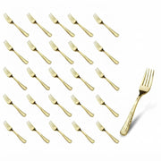 Glownary Hammered Gold Plastic Fork, 7.25 Inches, Heavy Weight, 25 Pack, Disposable Flatware for Weddings and Catered Events