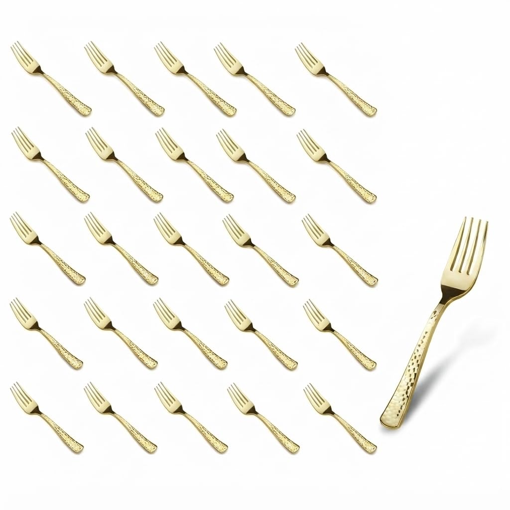 Glownary Hammered Gold Plastic Fork, 7.25 Inches, Heavy Weight, 25 Pack, Disposable Flatware for Weddings and Catered Events