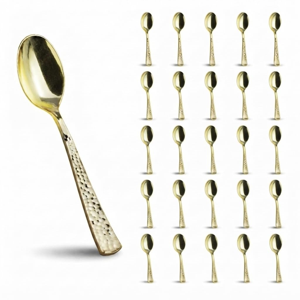 Glownary Hammered Gold Plastic Teaspoons, 6 3/4 Inches, Heavy Weight, Metallic Finish, 25 Pack