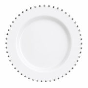 Glownary 7.5 Inch White Plastic Plate with Silver Beaded Rim, Round Disposable Salad Plate for Weddings, Parties, and Catering, BPA Free, 120 Count