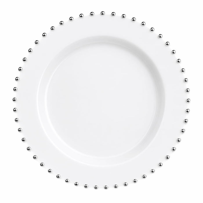 Glownary 7.5 Inch White Plastic Plate with Silver Beaded Rim, Round Disposable Salad Plate for Weddings, Parties, and Catering, BPA Free, 120 Count