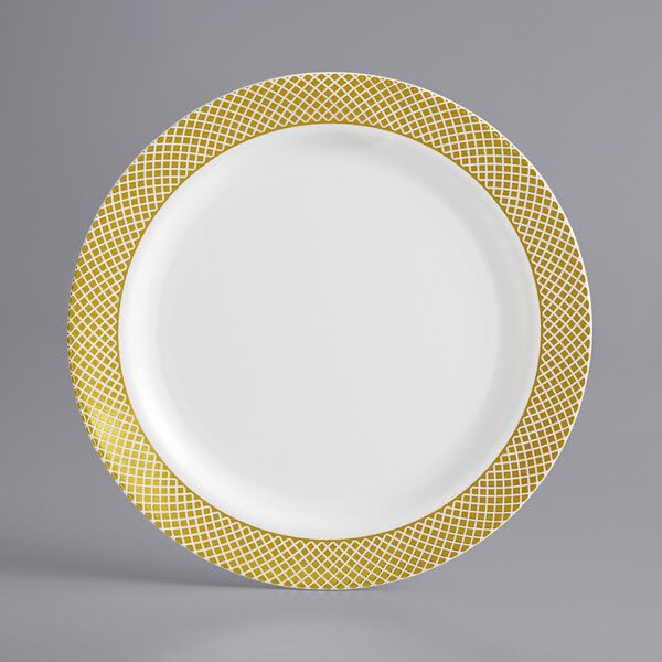 Glownary Lattice Plastic Plates, 7 Inch, Ivory with Gold Design, Disposable, BPA Free, 150 Count, for Wedding and Events