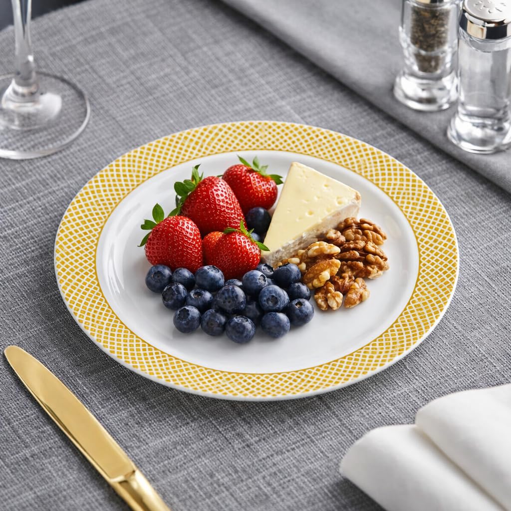 Glownary Lattice Plastic Plates, 7 Inch, Ivory with Gold Design, Disposable, BPA Free, 150 Count, for Wedding and Events view 2