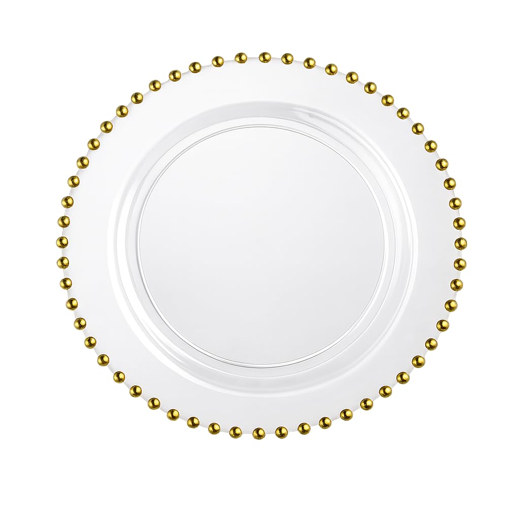 Glownary 9 Inch Clear Plastic Plate with Gold Beaded Rim, Round Disposable Salad Plate for Weddings, Catering, Parties, BPA Free, 120 Count