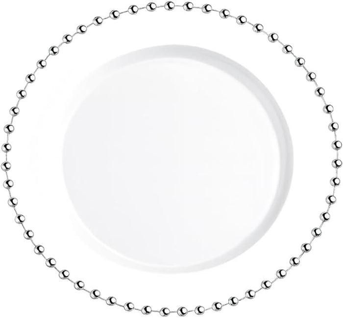 Glownary 10 Inch White Plastic Plate with Silver Beaded Rim, Disposable Round Dinner Plate for Weddings, Events, and Catering, BPA Free, 120 Count