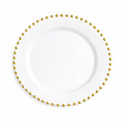 Glownary 9 Inch White Plastic Plate with Gold Beaded Rim, Round Disposable Salad Plate, Elegant Wedding and Event Dinnerware, BPA Free, 120 Count