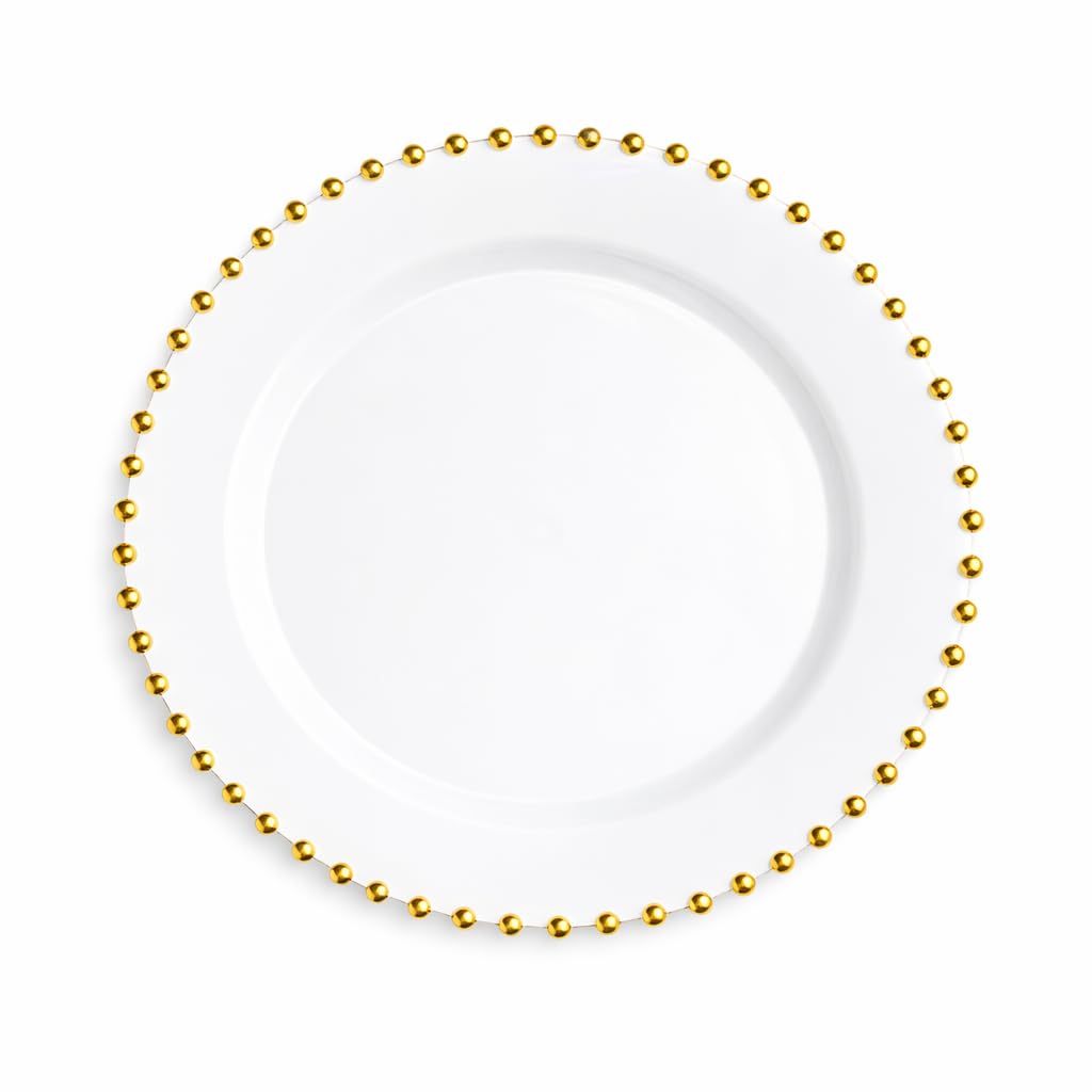 Glownary 9 Inch White Plastic Plate with Gold Beaded Rim, Round Disposable Salad Plate, Elegant Wedding and Event Dinnerware, BPA Free, 120 Count