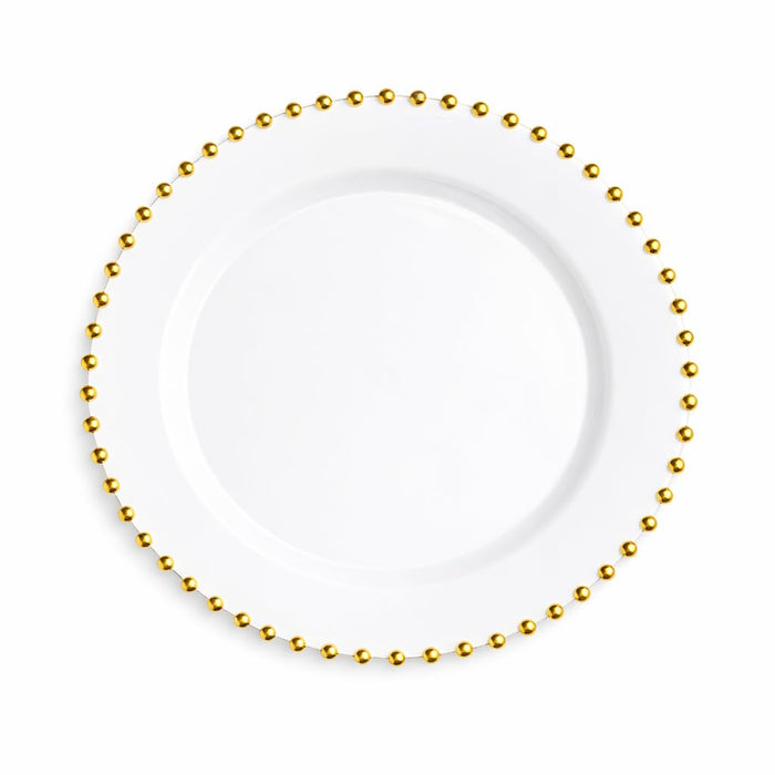 Glownary 9 Inch White Plastic Plate with Gold Beaded Rim, Round Disposable Salad Plate, Elegant Wedding and Event Dinnerware, BPA Free, 120 Count