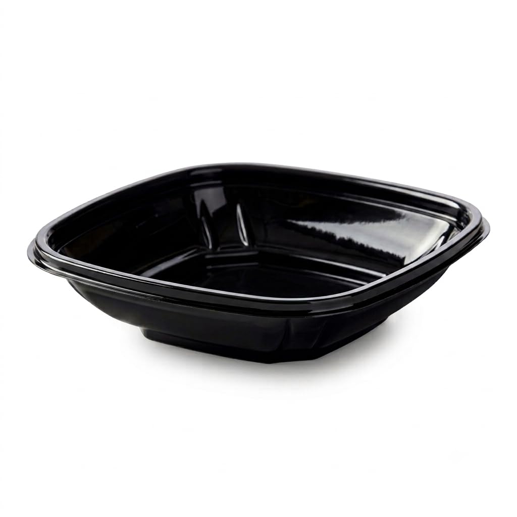 Glownary Black Square Serving Bowl, 8 oz, PET Plastic, 5.5 x 5.5 x 1.25 Inches, Stackable, BPA Free, Cold Food Use, 500 per Case