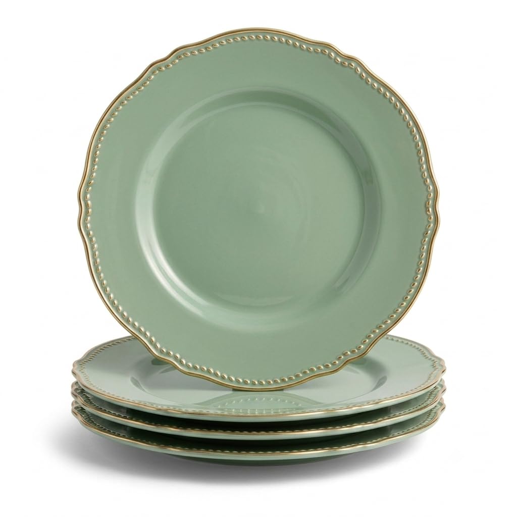 Glownary Eucalyptus Round Plastic Plates, 9 Inch, Gold Vintage Rim, BPA Free, Disposable, 120 Count, for Events and Weddings
