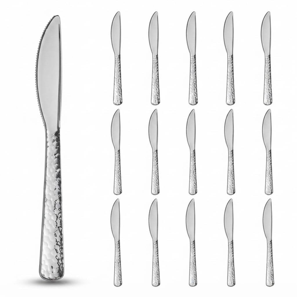 Glownary Hammered Silver Plastic Knives, 7.5 Inch Heavy Weight, Disposable Flatware for Weddings and Parties, 50 Pack