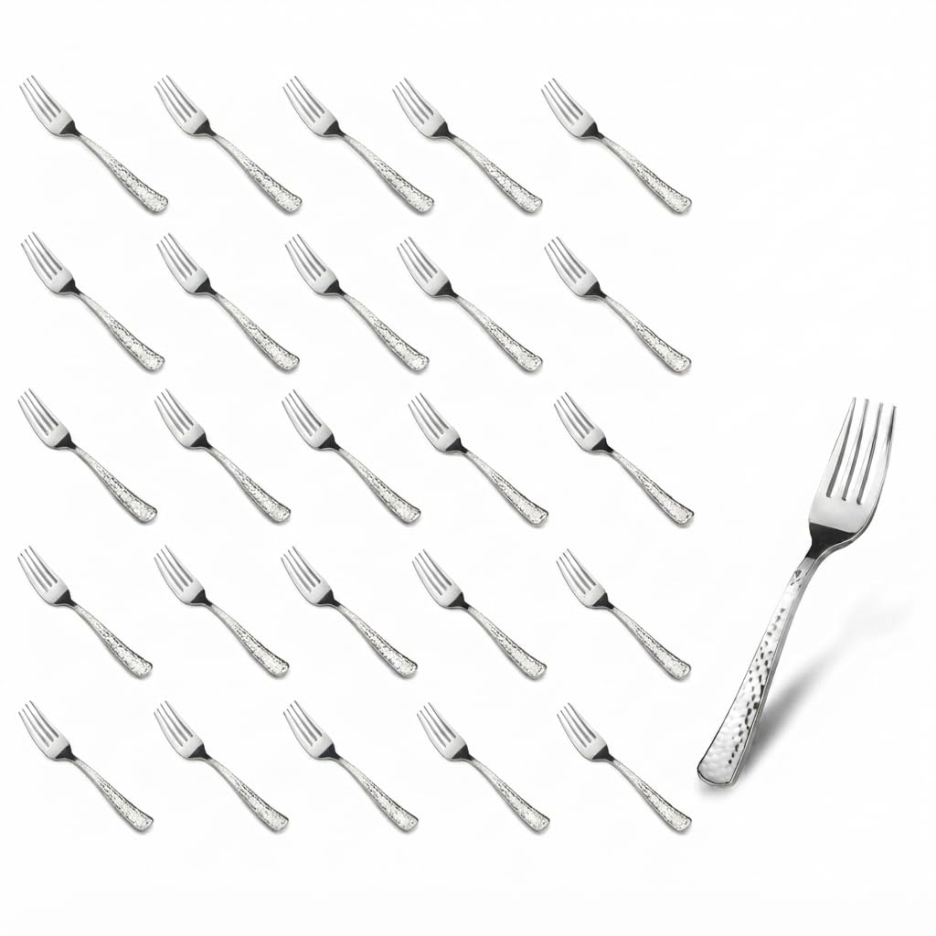 Glownary Hammered Silver Plastic Fork, 7.25 Inch, Heavy Weight, 50 Pack, Disposable Flatware for Weddings, Parties, Catered Events
