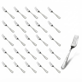 Glownary Hammered Silver Plastic Fork, 7.25 Inch, Heavy Weight, 50 Pack, Disposable Flatware for Weddings, Parties, Catered Events