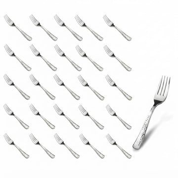 Glownary Hammered Silver Plastic Fork, 7.25 Inch, Heavy Weight, 50 Pack, Disposable Flatware for Weddings, Parties, Catered Events