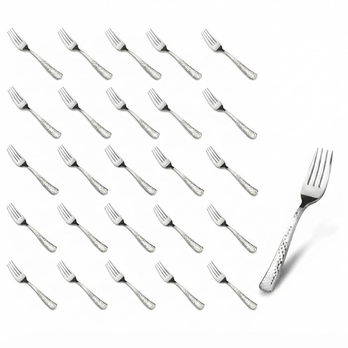 Glownary Hammered Silver Plastic Fork, 7.25 Inch, Heavy Weight, 50 Pack, Disposable Flatware for Weddings, Parties, Catered Events