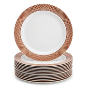 Glownary 6 Inch White Plastic Plates with Rose Gold Lattice Design, Round Polystyrene, BPA Free, Disposable for Wedding and Events, 150 Count