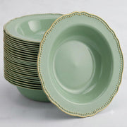 Glownary Heirloom Round Plastic Bowl, 10 oz, Eucalyptus with Gold Vintage Rim, BPA Free, Disposable, 7.5 Inch Diameter, 120 Count