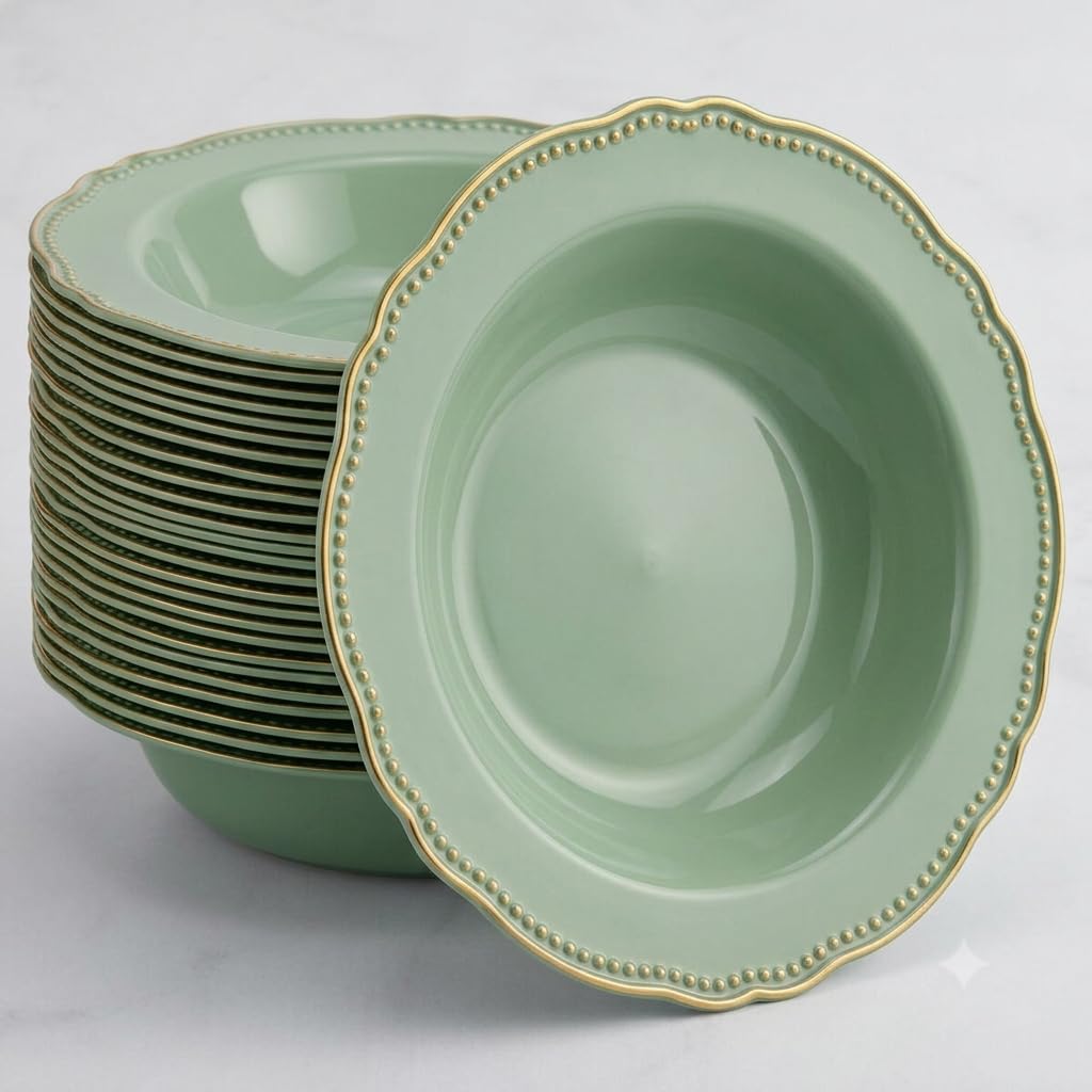 Glownary Heirloom Round Plastic Bowl, 10 oz, Eucalyptus with Gold Vintage Rim, BPA Free, Disposable, 7.5 Inch Diameter, 120 Count
