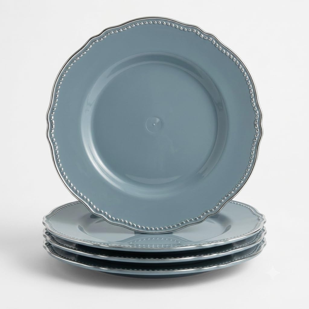 Glownary Heirloom Steel Blue Round Plastic Plates with Silver Rim, 9 Inch, 120 Count, BPA Free, Disposable, for Events and Weddings