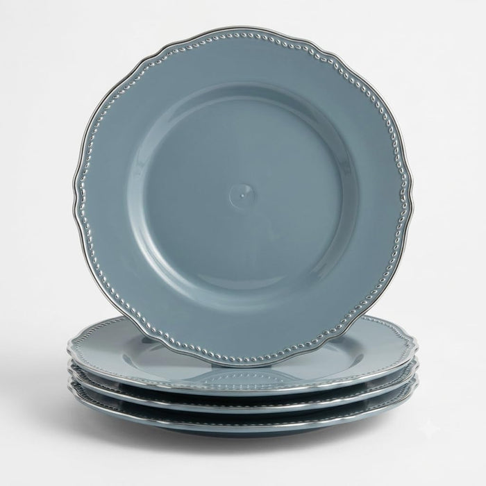 Glownary Heirloom Steel Blue Round Plastic Plates with Silver Rim, 9 Inch, 120 Count, BPA Free, Disposable, for Events and Weddings