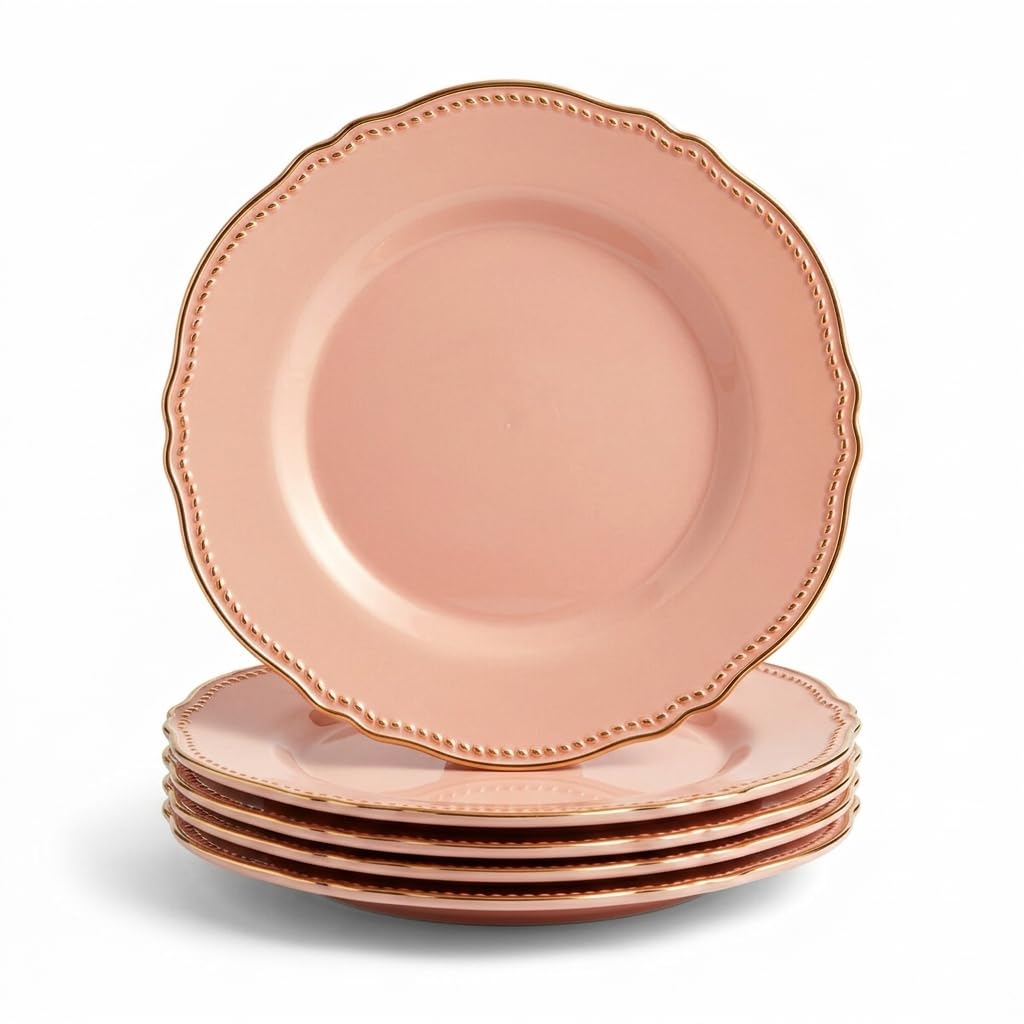 Glownary Heirloom Round Plastic Plates, 7.5 Inch, Blush Pink with Gold Rim, Disposable, BPA Free, 120 Count for Weddings and Events