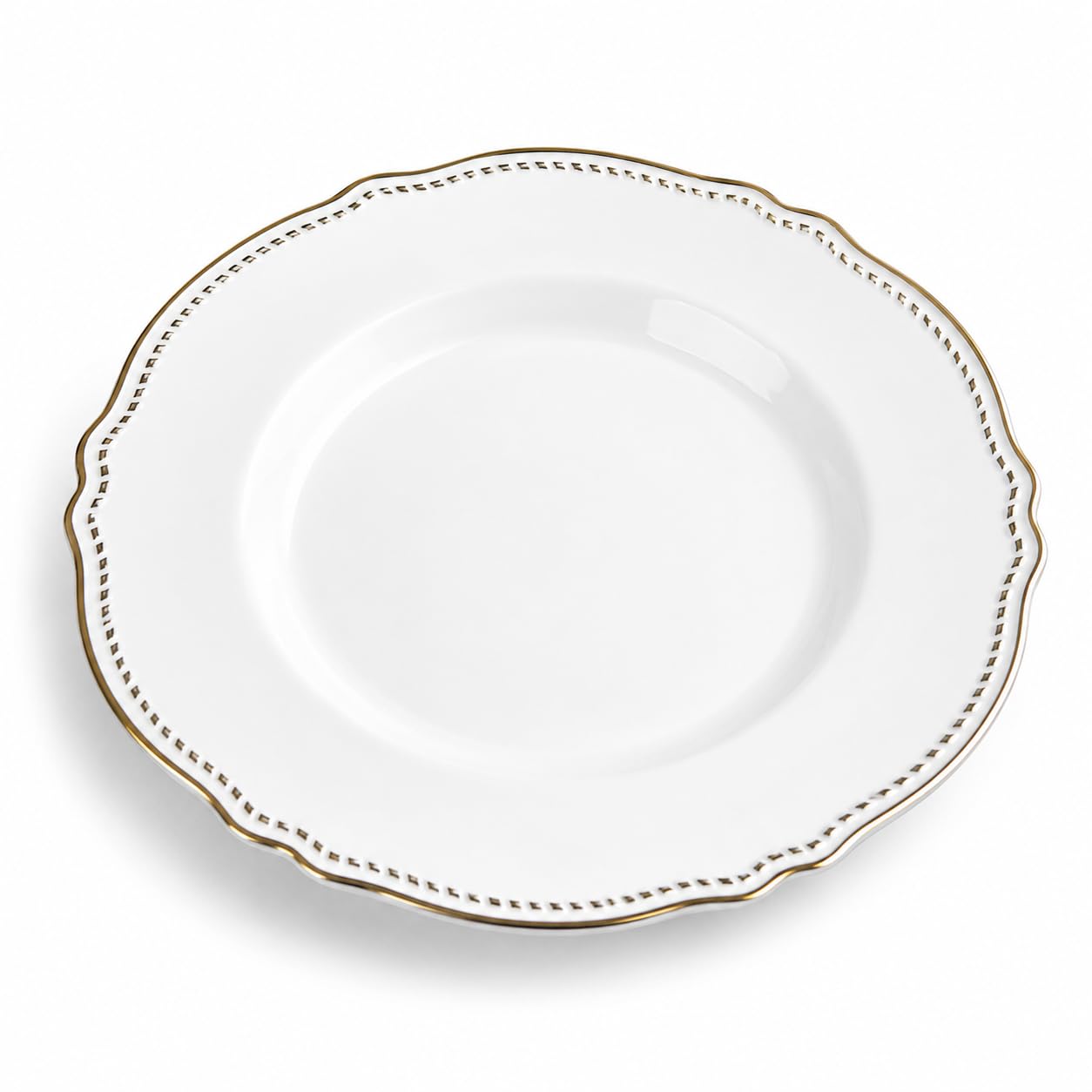 Glownary Heirloom 10 Inch Round Plastic Plates, White with Gold Vintage Rim, Disposable, BPA Free, 12 Count, for Events and Weddings