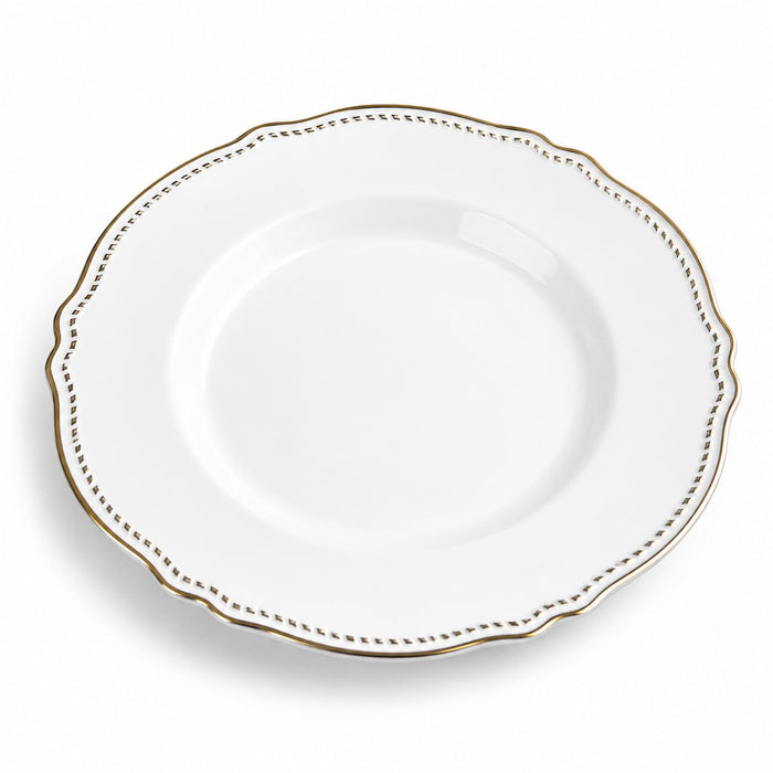 Glownary Heirloom 10 Inch Round Plastic Plates, White with Gold Vintage Rim, Disposable, BPA Free, 12 Count, for Events and Weddings