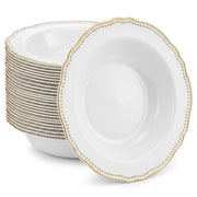Glownary Heirloom White Round Plastic Bowl with Gold Rim, 10 oz, 7.5 Inch Diameter, BPA Free, Disposable, 120 Count