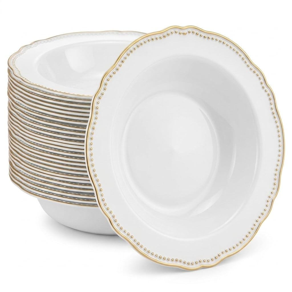 Glownary Heirloom White Round Plastic Bowl with Gold Rim, 10 oz, 7.5 Inch Diameter, BPA Free, Disposable, 120 Count