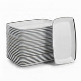 Glownary Coupe Dynasty Rectangular Plastic Platter, White with Silver Band, 12.75 x 8.25 Inch, 120 Count, BPA Free, for Events and Weddings