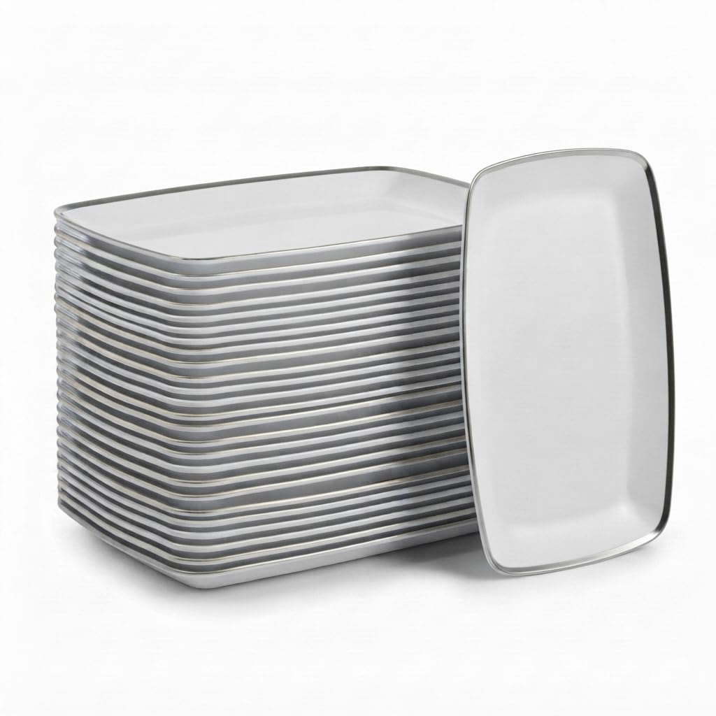 Glownary Coupe Dynasty Rectangular Plastic Platter, White with Silver Band, 12.75 x 8.25 Inch, 120 Count, BPA Free, for Events and Weddings