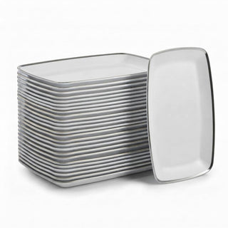 Glownary Coupe Dynasty Rectangular Plastic Platter, White with Silver Band, 12.75 x 8.25 Inch, 120 Count, BPA Free, for Events and Weddings